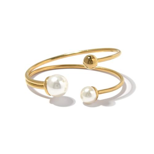 304 Stainless Steel Cuff Bangle, with Plastic Pearl, gold color plated, Double Layer & fashion jewelry & for woman, Sold By PC
