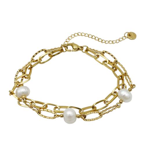 Freshwater Cultured Pearl Bracelet, 304 Stainless Steel, with Freshwater Pearl, 14K gold plated, Double Layer & fashion jewelry & for woman, Sold By PC