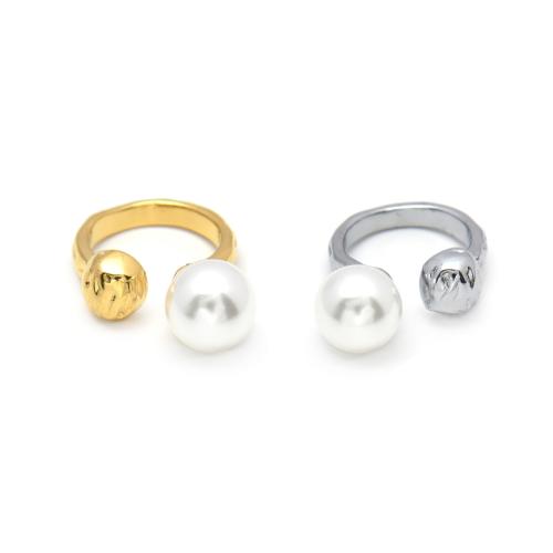 Stainless Steel Finger Ring, 304 Stainless Steel, with Plastic Pearl, plated, fashion jewelry & for woman, more colors for choice, Sold By PC