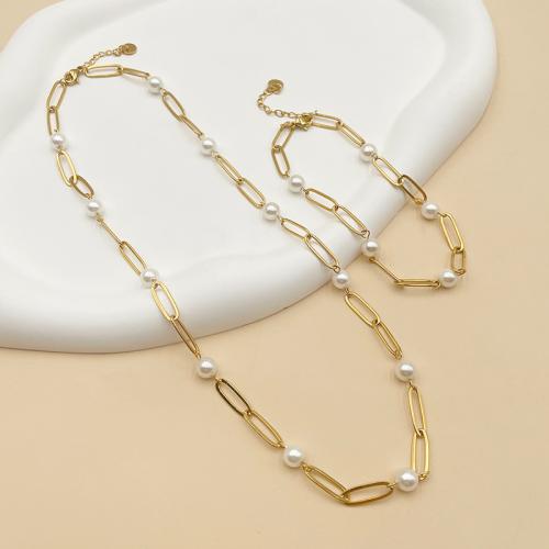 Fashion Stainless Steel Jewelry Sets, 304 Stainless Steel, with Plastic Pearl, 14K gold plated, different styles for choice & for woman & hollow, Sold By PC