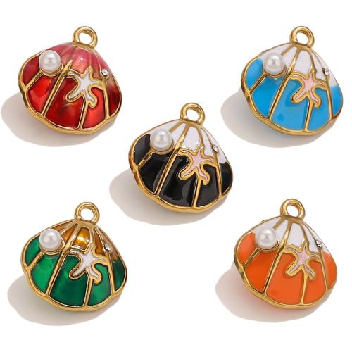 Stainless Steel Animal Pendants, 304 Stainless Steel, with Plastic Pearl, Shell, gold color plated, DIY & enamel, more colors for choice, 2PCs/Bag, Sold By Bag