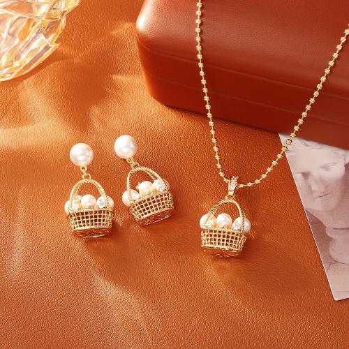 Cubic Zirconia Micro Pave Brass Jewelry Sets, with Plastic Pearl, Flower Basket, real gold plated, different styles for choice & micro pave cubic zirconia & for woman, Sold By PC