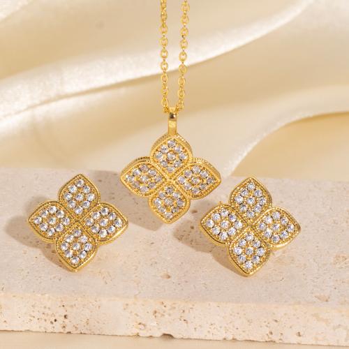 Cubic Zirconia Micro Pave Brass Jewelry Sets, Four Leaf Clover, 14K gold plated, fashion jewelry & micro pave cubic zirconia & for woman, Sold By Set