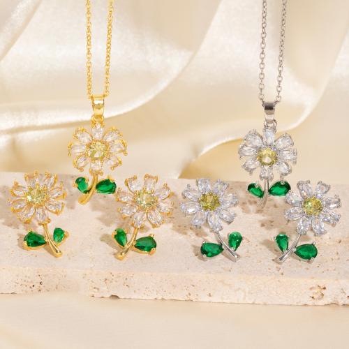Cubic Zirconia Micro Pave Brass Jewelry Sets, Flower, plated, fashion jewelry & micro pave cubic zirconia & for woman, more colors for choice, Sold By Set