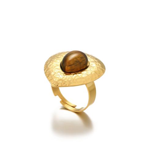 Bague pierre précieuse, Acier inoxydable 304, avec oeil de tigre, larme, Placage, bijoux de mode & pour femme, doré, Vendu par PC