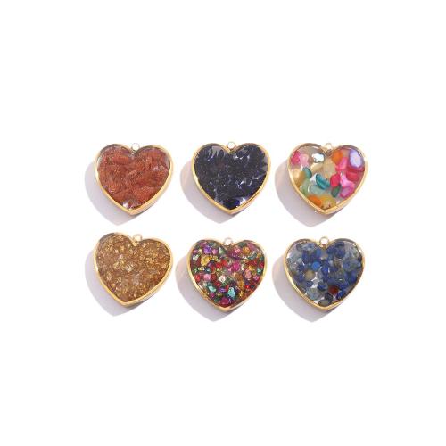 Gemstone Pendants Jewelry, 304 Stainless Steel, with Natural Gravel & Gold Foil, Heart, plated, DIY & epoxy gel, more colors for choice, 3PCs/Bag, Sold By Bag