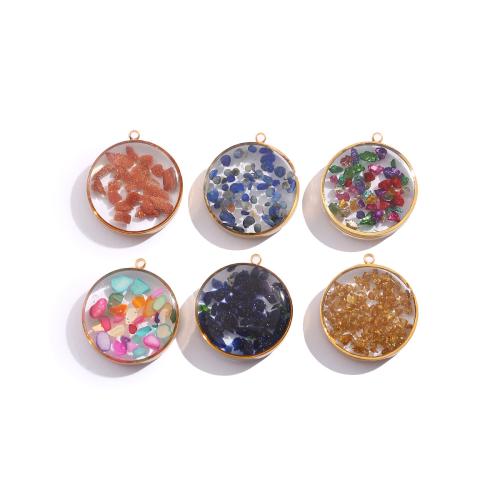 Gemstone Pendants Jewelry, 304 Stainless Steel, with Natural Gravel, Round, plated, DIY & epoxy gel, more colors for choice, 3PCs/Bag, Sold By Bag