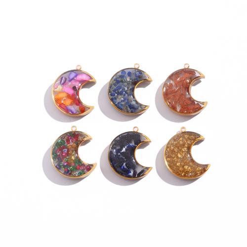 Gemstone Pendants Jewelry, 304 Stainless Steel, with Natural Gravel, Moon, plated, DIY & epoxy gel, more colors for choice, 3PCs/Bag, Sold By Bag
