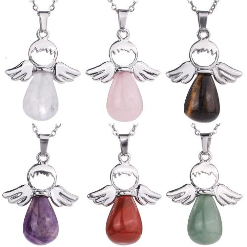 Natural Gemstone Necklace, with 304 Stainless Steel, silver color plated, different materials for choice & Unisex & hollow, Sold By PC