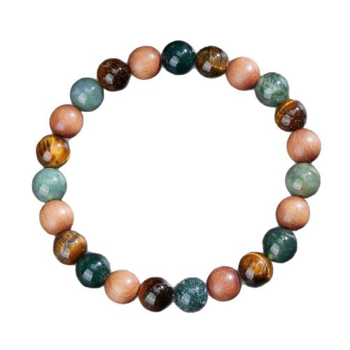 Gemstone Bracelets, Moss Agate, with Sandalwood & Elastic Thread & Tiger Eye, handmade, fashion jewelry & Unisex, multi-colored, Sold By PC