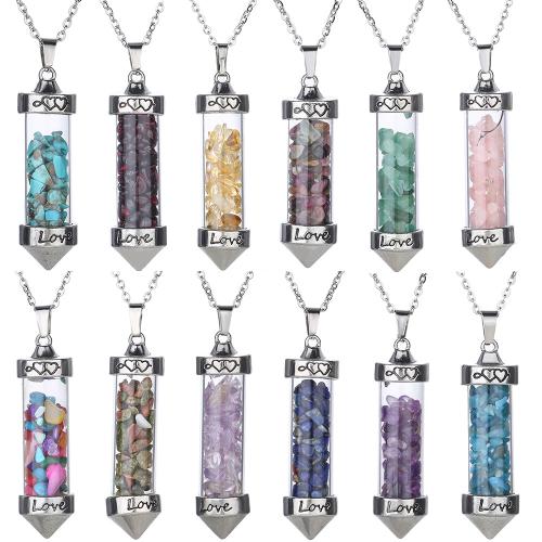 Natural Gemstone Necklace, Natural Gravel, with Glass & 304 Stainless Steel, silver color plated, fashion jewelry & different materials for choice & Unisex, Sold By PC