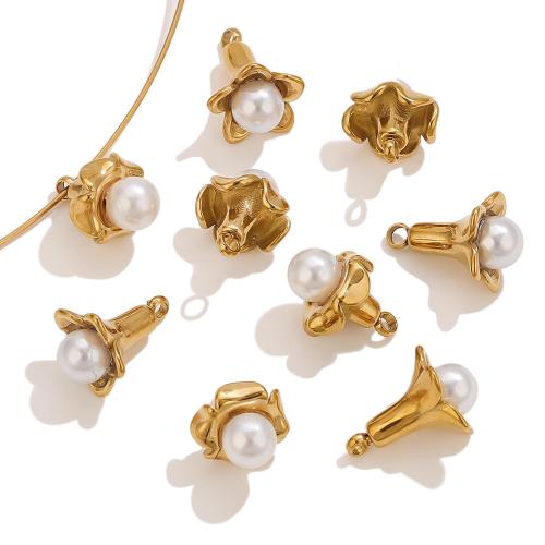 Stainless Steel Flower Pendant, 304 Stainless Steel, with Plastic Pearl, plated, DIY & different styles for choice, golden, 5PCs/Bag, Sold By Bag