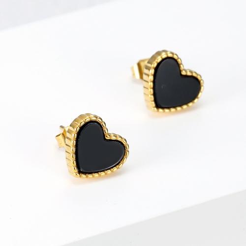 Stainless Steel Stud Earrings, 304 Stainless Steel, with Acrylic, Heart, plated, fashion jewelry & for woman, golden, Sold By Pair