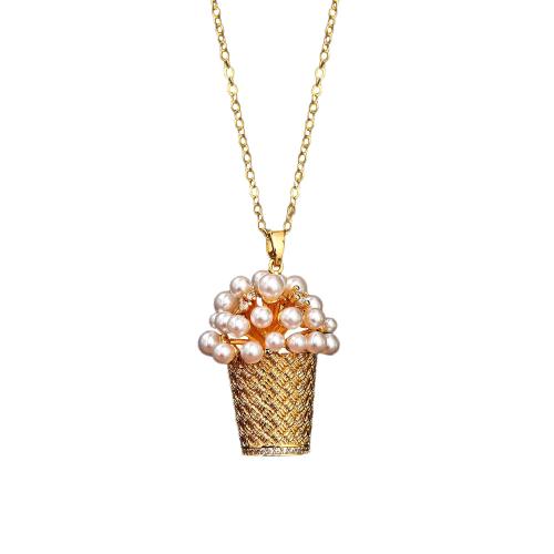 Cubic Zircon Micro Pave Brass Necklace, with Plastic Pearl, Flower Basket, 18K gold plated, fashion jewelry & micro pave cubic zirconia & for woman, The pendant is 3.6cm long and 2.1cm wide, Length:46 cm, Sold By PC