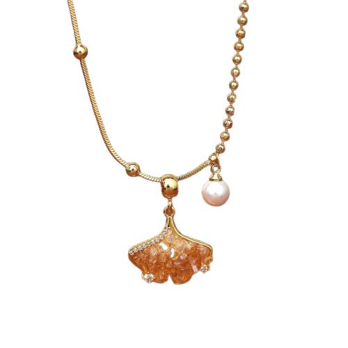 Crystal Necklace, Brass, with Crystal & Plastic Pearl, with 5.5cm extender chain, Ginkgo Leaf, 18K gold plated, fashion jewelry & micro pave cubic zirconia & for woman, The pendant is 1.8cm long and 2.4cm wide. Pearl 6mm, Length:43.5 cm, Sold By PC