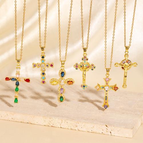 Cubic Zircon Micro Pave Brass Necklace, Cross, plated, different styles for choice & micro pave cubic zirconia & for woman, golden, Sold By PC
