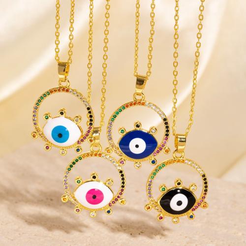 Evil Eye Jewelry Necklace, Brass, Round, 18K gold plated, micro pave cubic zirconia & for woman & enamel & hollow, Sold By PC