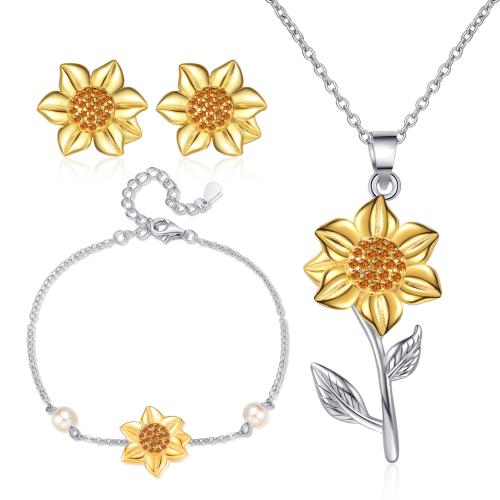 Brass Jewelry Set, with Plastic Pearl, Sunflower, plated, different styles for choice & for woman & with rhinestone, Sold By PC