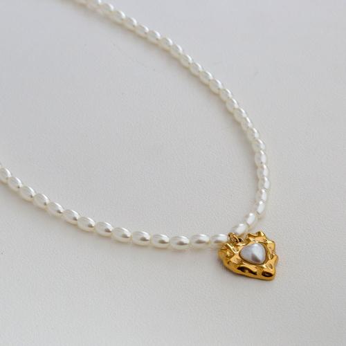 Plastic Pearl Necklace, with Titanium Steel & Shell, gold color plated, different styles for choice & for woman, Length:Approx 16 Inch, Sold By PC