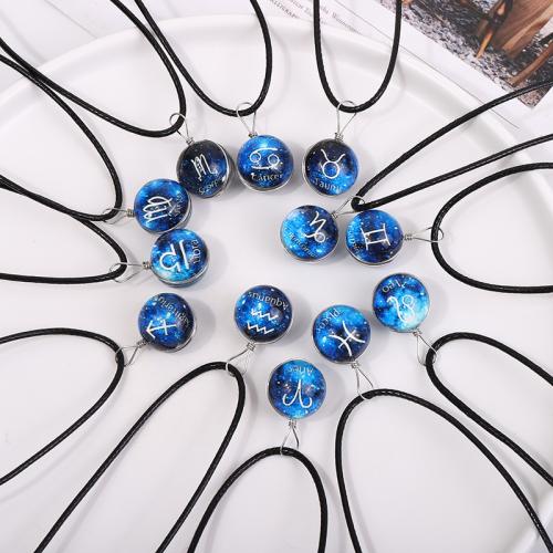 Glass Necklace, with PU Leather, 12 Signs of the Zodiac, different designs for choice & for woman & luminated, Length:Approx 18 Inch, Sold By PC