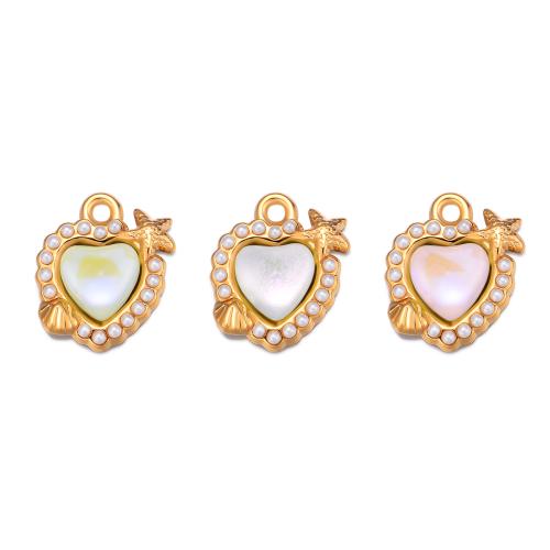 Stainless Steel Heart Pendants, 304 Stainless Steel, with Shell & Plastic Pearl, gold color plated, DIY, more colors for choice, 5PCs/Bag, Sold By Bag