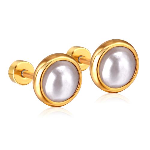 Stainless Steel Stud Earrings, 304 Stainless Steel, with Plastic Pearl, Round, plated, fashion jewelry & different size for choice & for woman, more colors for choice, Sold By Pair