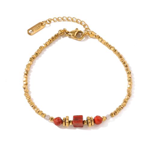 Stainless Steel Jewelry Bracelet, 304 Stainless Steel, with Red Jasper & Crystal, 18K gold plated, fashion jewelry & for woman, Sold By PC