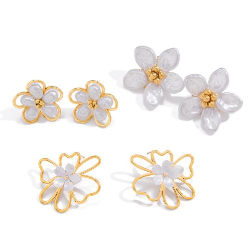 Stainless Steel Stud Earrings, 304 Stainless Steel, with Acrylic, Flower, 18K gold plated, different styles for choice & for woman & hollow, Sold By Pair