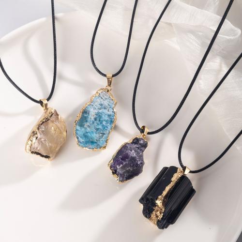 Natural Gemstone Necklace, with leather cord & 304 Stainless Steel, with 5cm extender chain, gold color plated, fashion jewelry & different materials for choice & Unisex, Length:45 cm, Sold By PC
