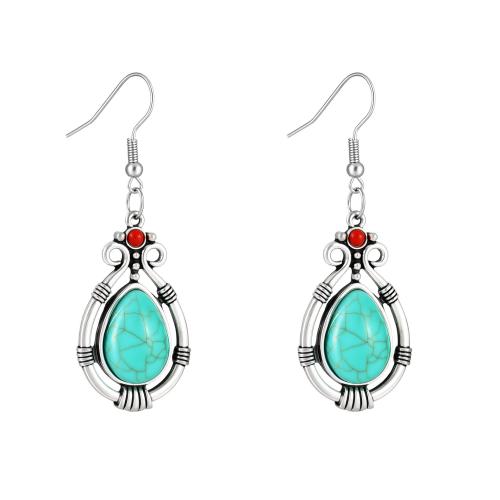 Tibetan Style Drop Earrings, with Turquoise, Teardrop, plated, fashion jewelry & for woman & hollow, silver color, Sold By Pair
