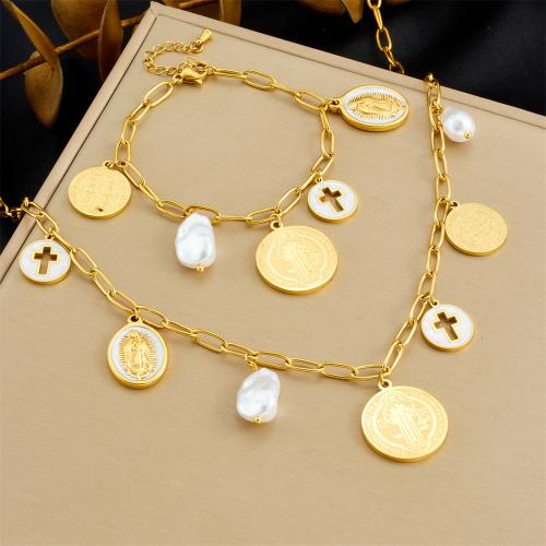 Fashion Stainless Steel Jewelry Sets, 304 Stainless Steel, with Plastic Pearl & Acrylic, plated, different styles for choice & for woman & hollow, golden, Sold By PC