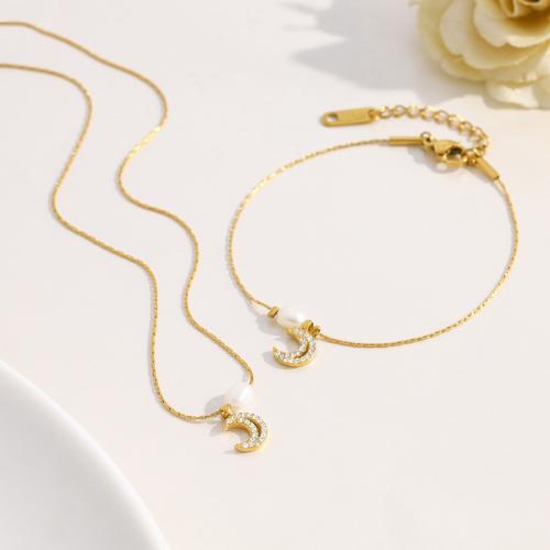 Natural Cultured Freshwater Pearl Jewelry Sets, 304 Stainless Steel, with Freshwater Pearl, 18K gold plated, different styles for choice & for woman & with rhinestone, Sold By PC