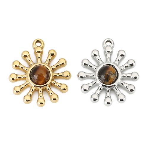Natural Tiger Eye Pendants, 304 Stainless Steel, with Tiger Eye, Flower, plated, DIY, more colors for choice, 4PCs/Bag, Sold By Bag
