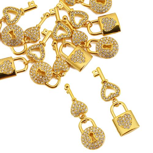 Stainless Steel Heart Pendants, 304 Stainless Steel, Lock and Key, plated, DIY & with rhinestone, more colors for choice, 4PCs/Bag, Sold By Bag