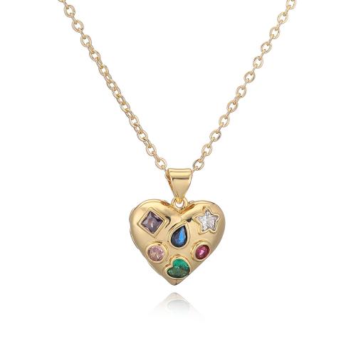 Brass Necklace, with 2inch extender chain, Heart, 18K gold plated, micro pave cubic zirconia & for woman, more colors for choice, Length:Approx 17.7 Inch, Sold By PC