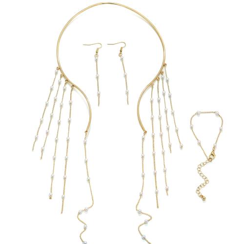 Tibetan Style Jewelry Set, bracelet & earring & necklace, with Plastic Pearl, gold color plated, three pieces & for woman, Sold By Set