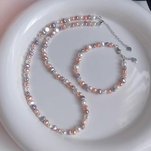 Natural Cultured Freshwater Pearl Jewelry Sets, bracelet & necklace, 925 Sterling Silver, with Freshwater Pearl, Baroque, plated, fashion jewelry, more colors for choice, 5-6mm, Sold By PC