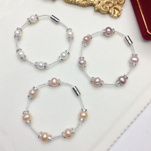 Freshwater Cultured Pearl Bracelet, Freshwater Pearl, with Seedbead & Magnet & Copper Alloy, Slightly Round, plated, fashion jewelry, more colors for choice, 7-8mm, Length:19 cm, Sold By PC