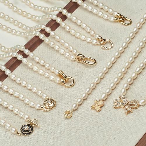 Freshwater Pearl Brass Necklace, with Brass, Rice, plated, fashion jewelry & micro pave cubic zirconia, more colors for choice, 6-7mm, Sold By PC