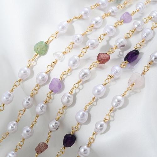 Brass Chain, with Crystal & Plastic Pearl, plated, DIY, more colors for choice, 8x7mm, Sold Per 50 cm Strand