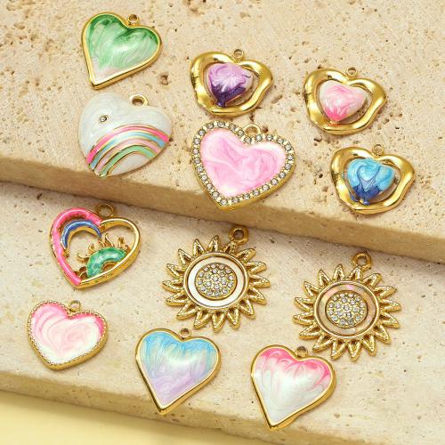 Stainless Steel Heart Pendants, 304 Stainless Steel, with Shell, gold color plated, DIY & enamel & with rhinestone, more colors for choice, 3PCs/Bag, Sold By Bag