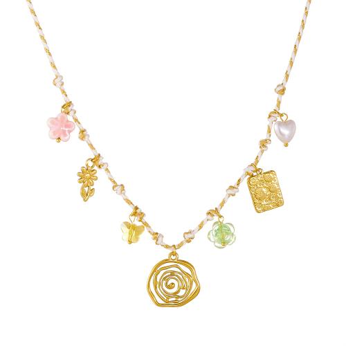 Stainless Steel Jewelry Necklace, 304 Stainless Steel, with Cotton Thread & Plastic Pearl & Acrylic, gold color plated, for woman & enamel & hollow, Sold By PC