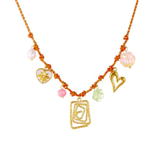 Stainless Steel Jewelry Necklace, 304 Stainless Steel, with Cotton Thread & Plastic Pearl & Acrylic, gold color plated, for woman & with rhinestone & hollow, Sold By PC