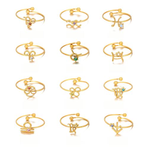 Rhinestone Stainless Steel Finger Ring, 304 Stainless Steel, 18K gold plated, Zodiac symbols jewelry & for woman & with rhinestone & hollow, Sold By PC