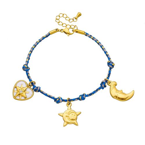 Stainless Steel Jewelry Bracelet, 304 Stainless Steel, with Cotton Thread, plated, for woman & enamel & with rhinestone, golden, Sold By PC