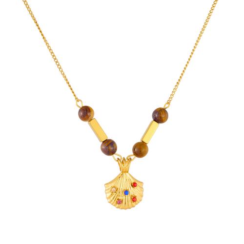 Ожерелье из нержавеющей стали , Нержавеющая сталь 304, с тигровый глаз, плакирован золотом, ювелирные изделия моды & Женский & со стразами, продается PC