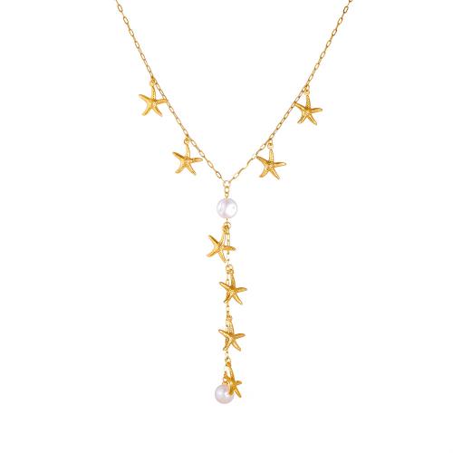 Ожерелье из нержавеющей стали , Нержавеющая сталь 304, с Пластиковая жемчужина, плакирован золотом, ювелирные изделия моды & Женский, продается PC