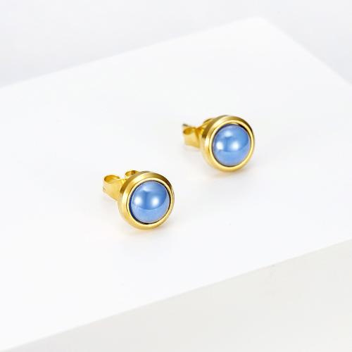 Stainless Steel Stud Earrings, 304 Stainless Steel, with Cubic Zirconia, Round, plated, fashion jewelry & for woman, golden, Sold By Pair