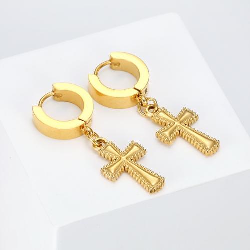 Huggie Hoop Drop Earring, 304 Stainless Steel, Cross, 18K gold plated, fashion jewelry & for woman, Sold By Pair