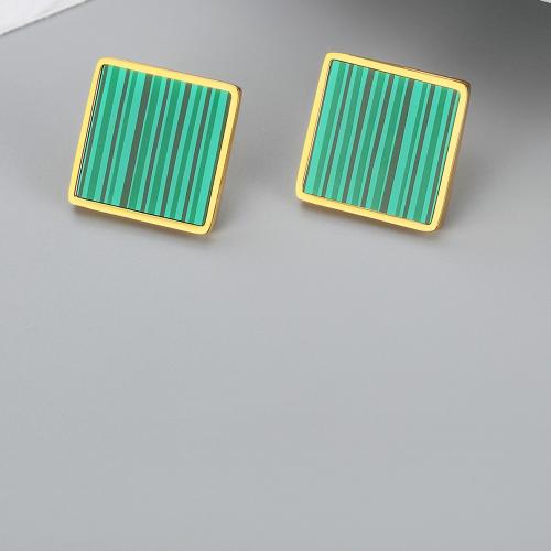 Stainless Steel Stud Earrings, 304 Stainless Steel, with Acrylic,  Square, plated, fashion jewelry & for woman, golden, 14x14mm, Sold By Pair